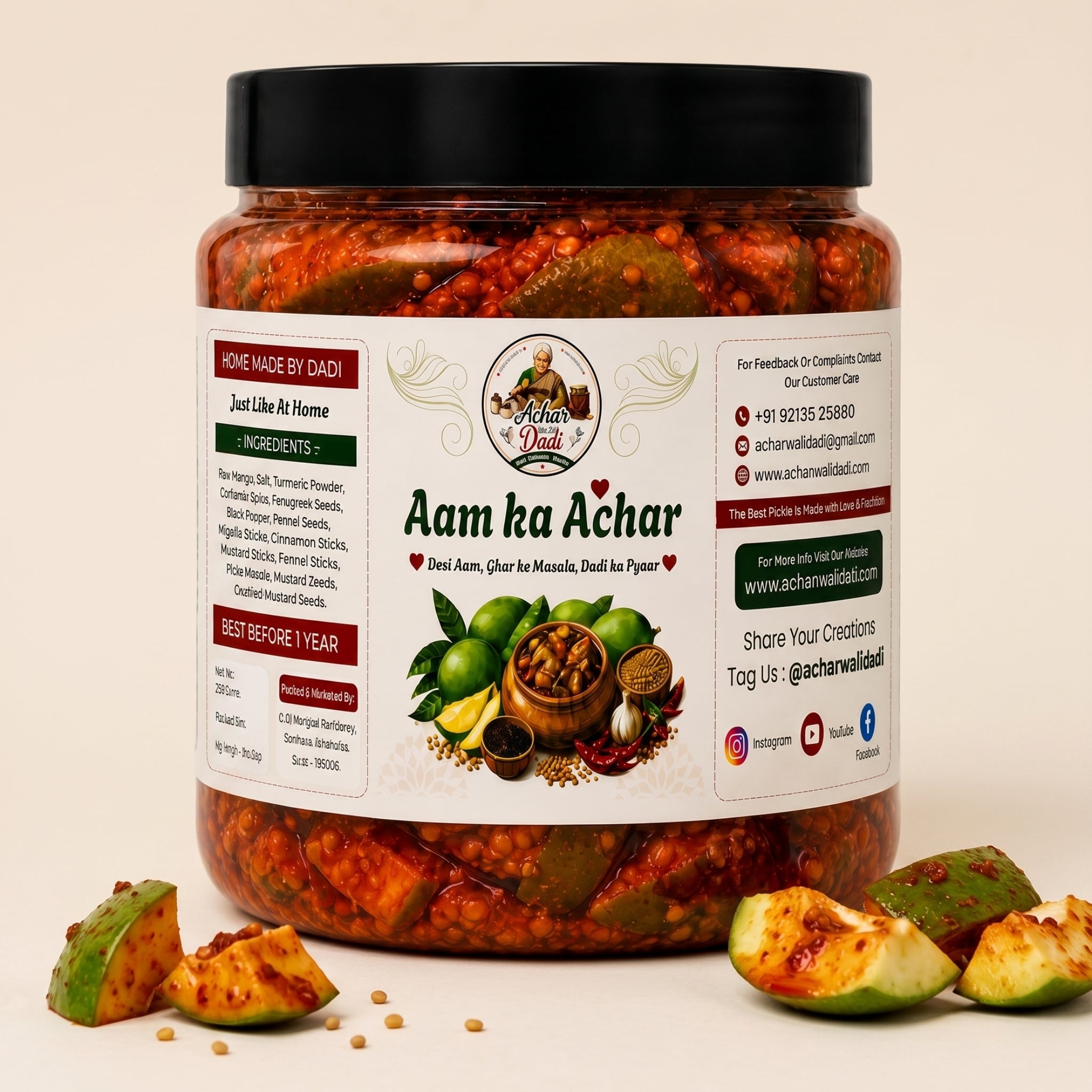 Image 1: Gujarati homemade mango pickle in a glass jar – Achar Wali Dadi
