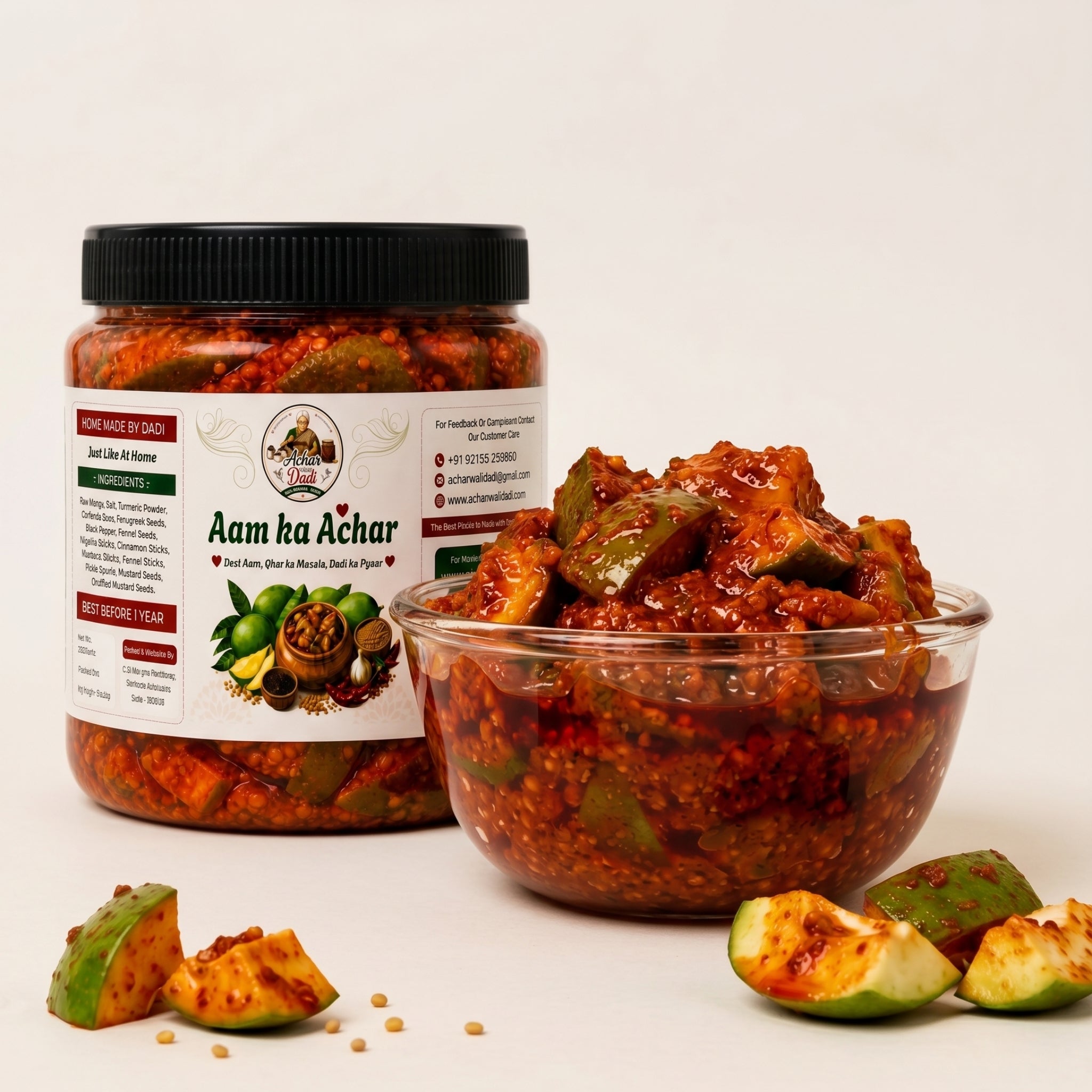 Close-up of authentic Gujarati mango pickle pieces with spices